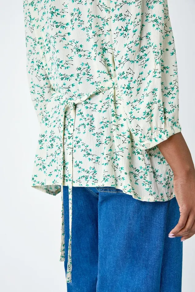 Green Floral Crinkle VNeck Pintuck Top Women Roman Tops