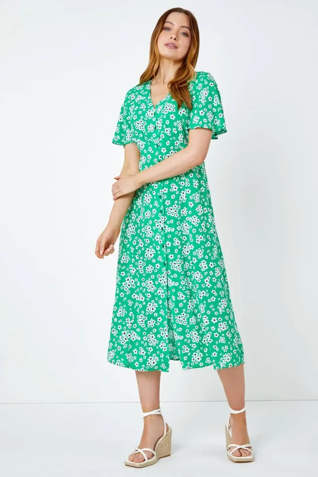 Green Floral Print Button Detail Midi Dress Women Roman Dresses