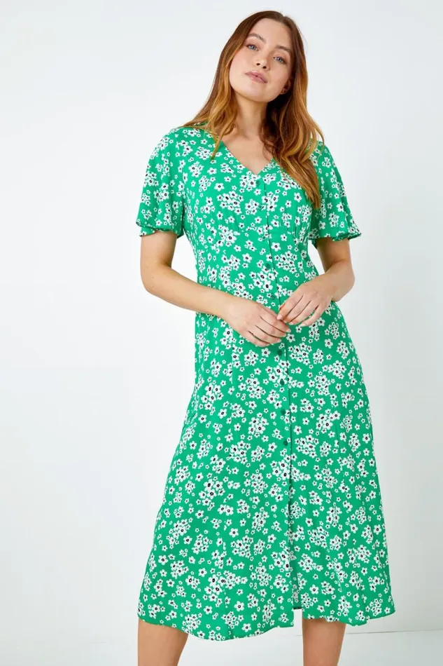 Green Floral Print Button Detail Midi Dress Women Roman Dresses