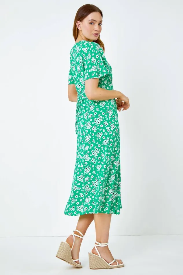 Green Floral Print Button Detail Midi Dress Women Roman Dresses