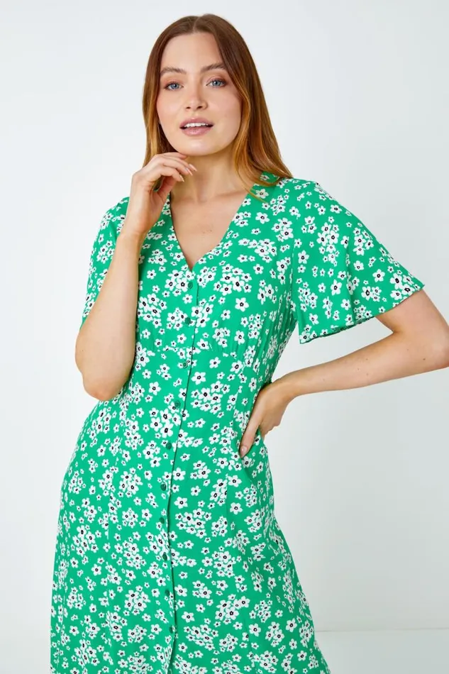 Green Floral Print Button Detail Midi Dress Women Roman Dresses