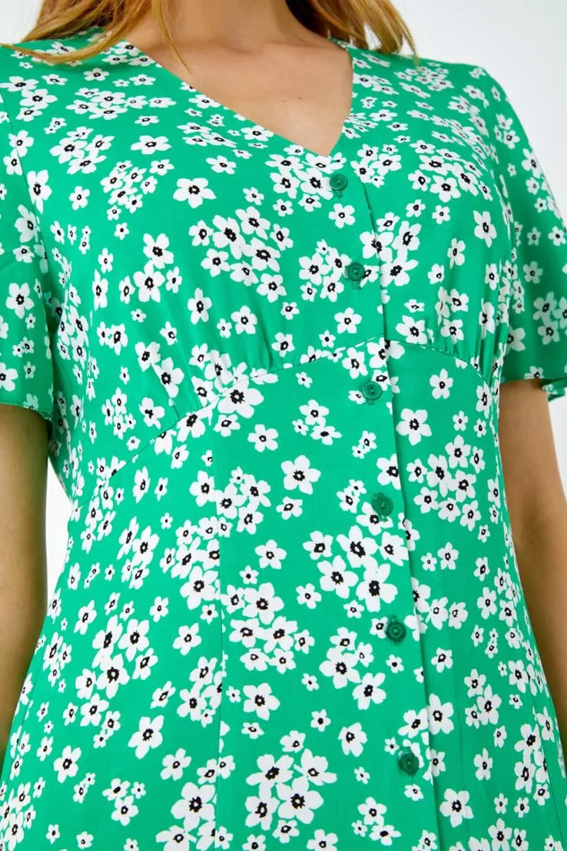 Green Floral Print Button Detail Midi Dress Women Roman Dresses