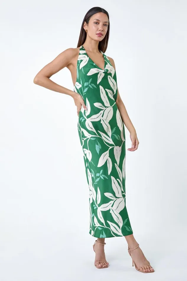 Green Floral Print Satin Bias Cut Dress Women Roman Dresses