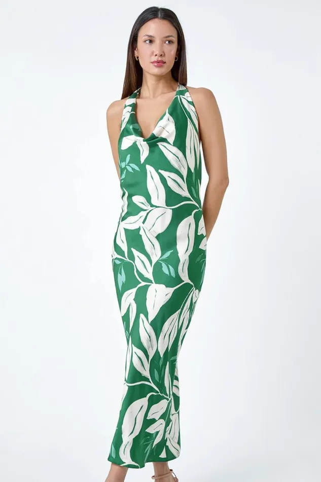 Green Floral Print Satin Bias Cut Dress Women Roman Dresses