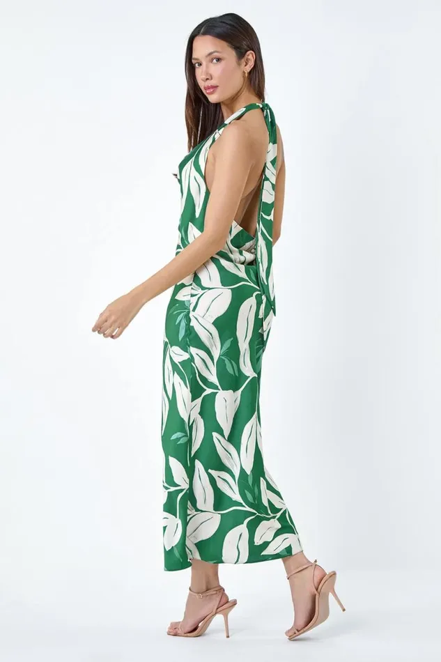 Green Floral Print Satin Bias Cut Dress Women Roman Dresses