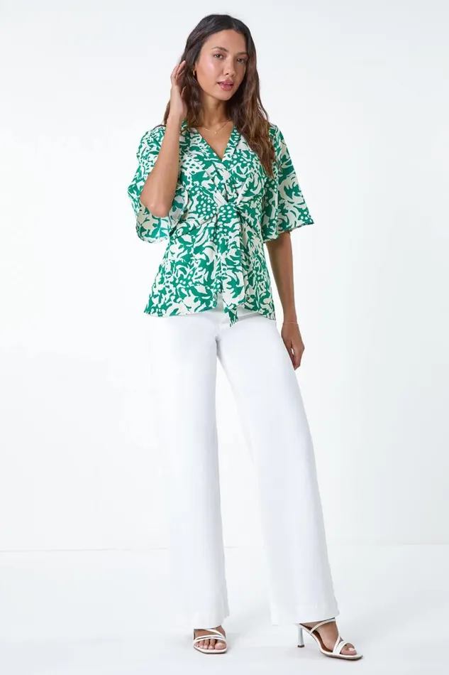 Green Floral Print VNeck Wrap Tie Top Women Roman Tops