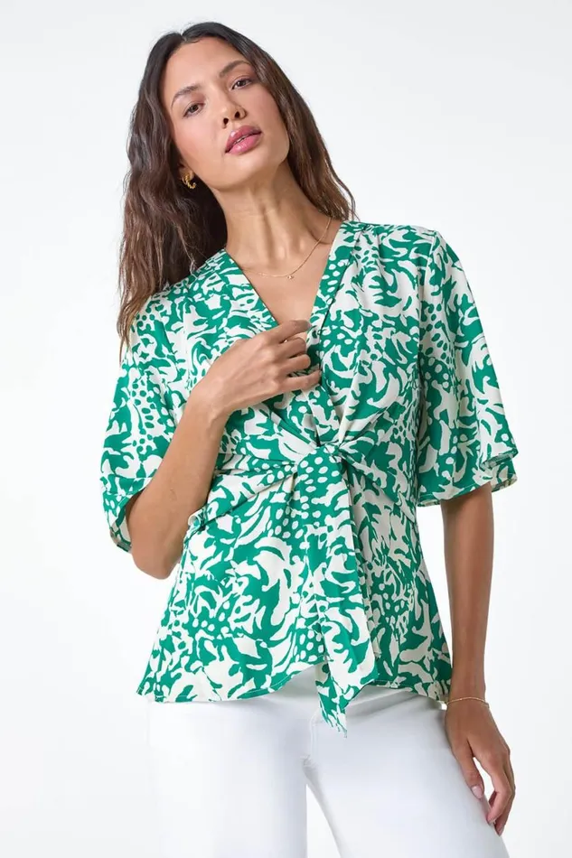 Green Floral Print VNeck Wrap Tie Top Women Roman Tops