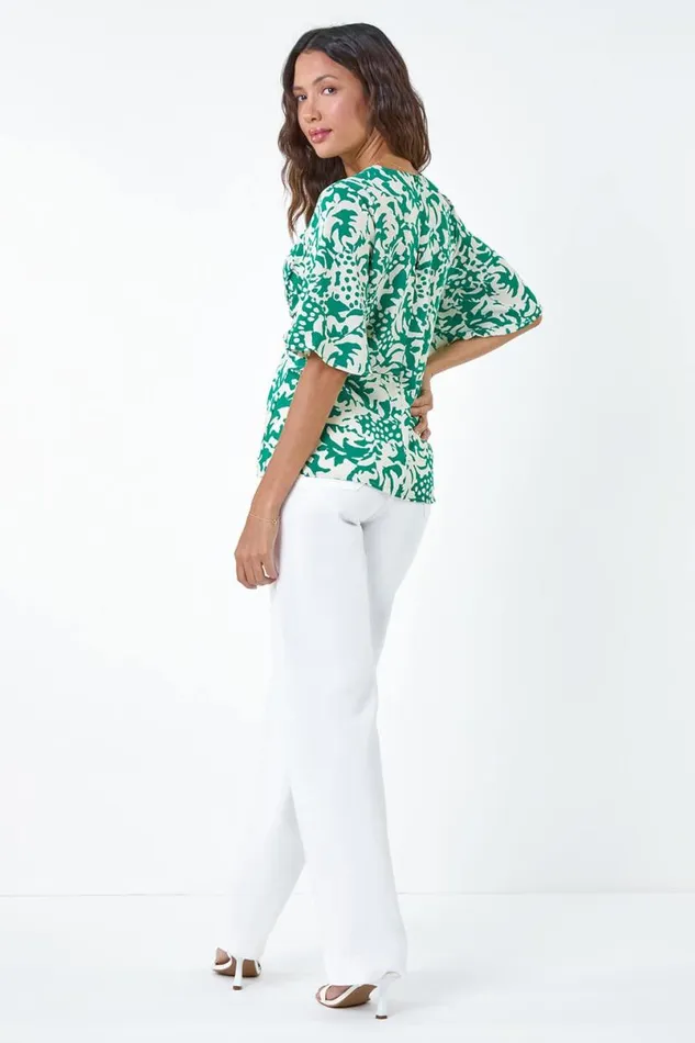 Green Floral Print VNeck Wrap Tie Top Women Roman Tops