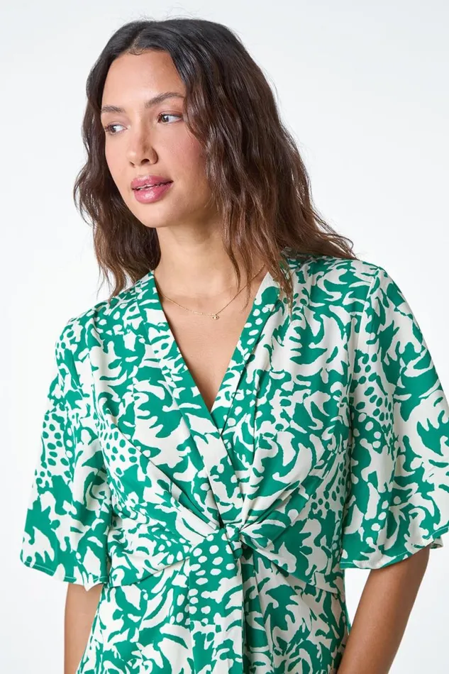 Green Floral Print VNeck Wrap Tie Top Women Roman Tops