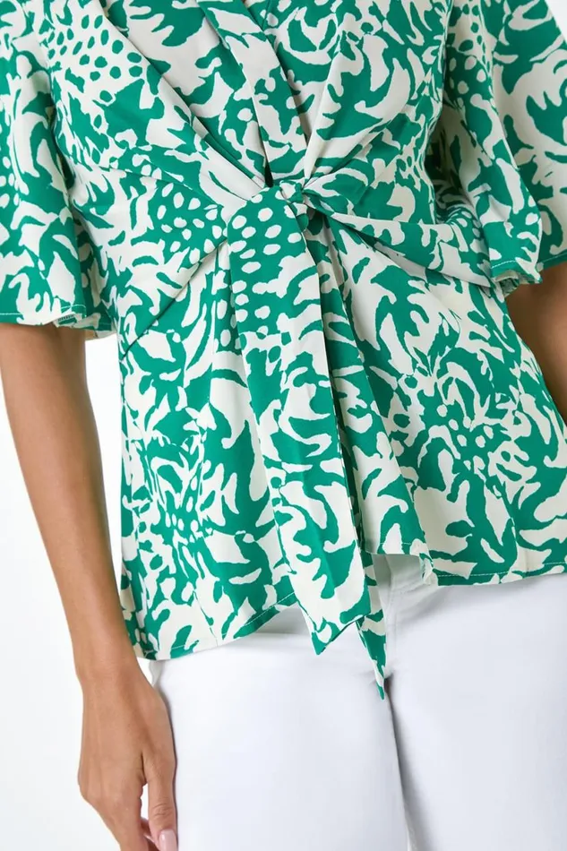 Green Floral Print VNeck Wrap Tie Top Women Roman Tops