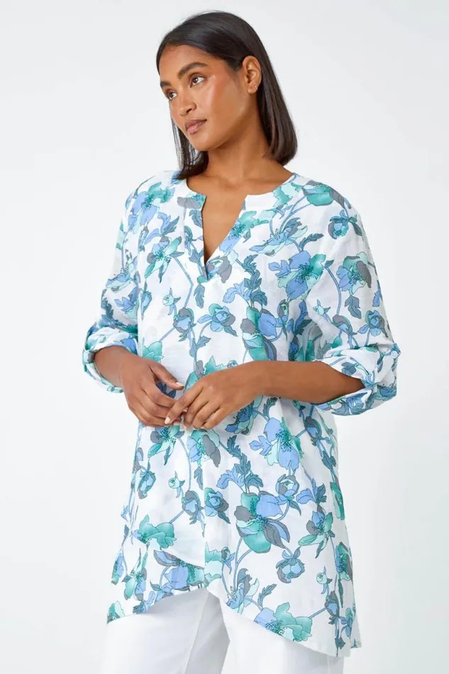 Green Floral Print Wrap Hem VNeck Tunic Top Women Roman Tops