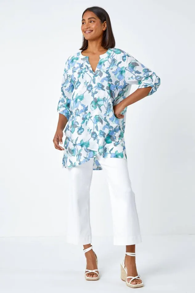 Green Floral Print Wrap Hem VNeck Tunic Top Women Roman Tops