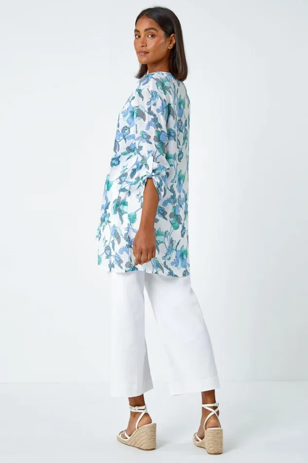 Green Floral Print Wrap Hem VNeck Tunic Top Women Roman Tops