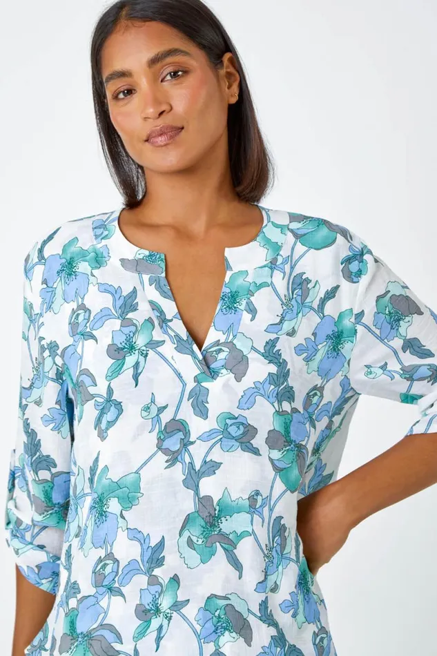 Green Floral Print Wrap Hem VNeck Tunic Top Women Roman Tops