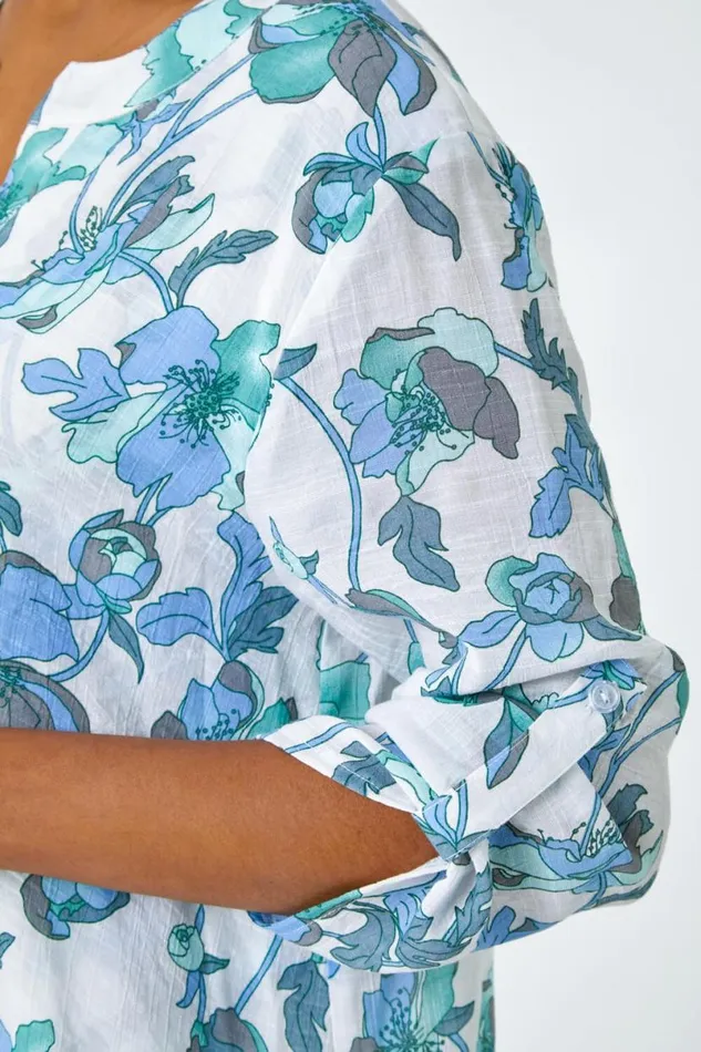 Green Floral Print Wrap Hem VNeck Tunic Top Women Roman Tops