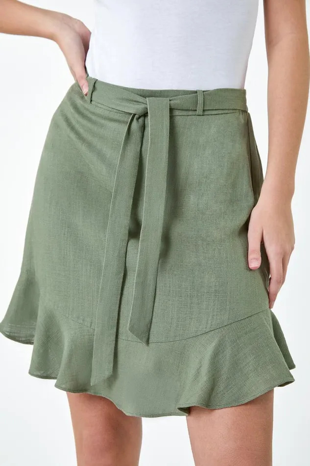 Green Frill Hem Linen Blend A Line Mini Skirt Women Roman Skirts