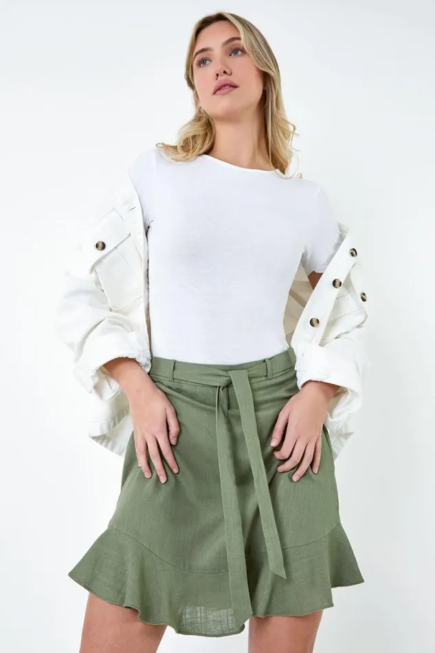 Green Frill Hem Linen Blend A Line Mini Skirt Women Roman Skirts