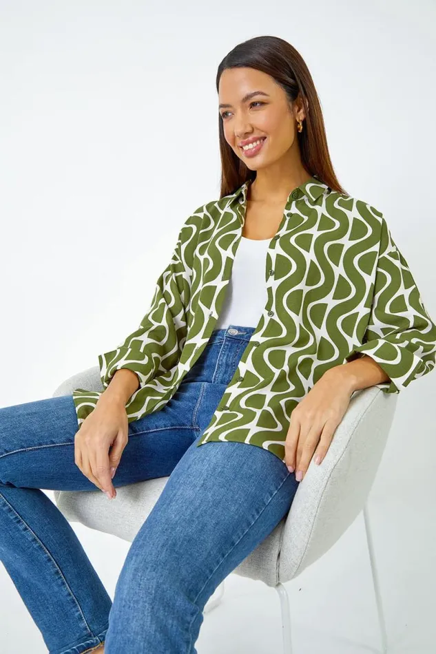 Green Geometric Print Collared Blouse Women Roman Tops