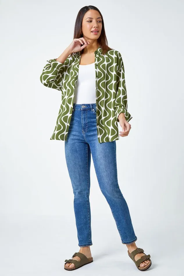 Green Geometric Print Collared Blouse Women Roman Tops