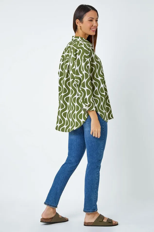 Green Geometric Print Collared Blouse Women Roman Tops