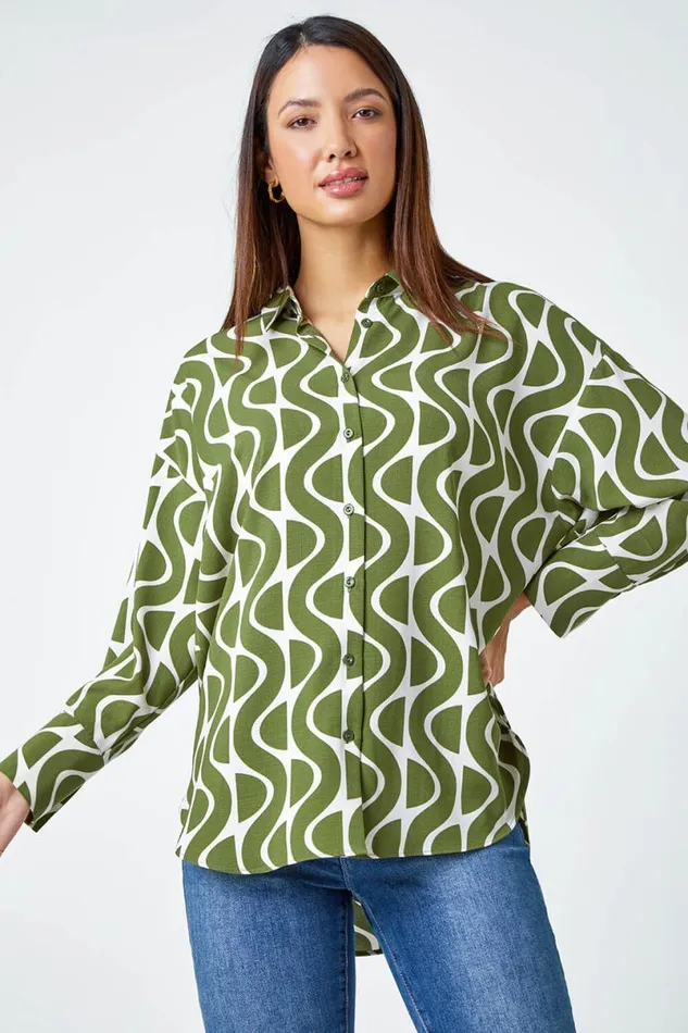 Green Geometric Print Collared Blouse Women Roman Tops