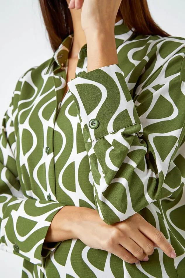 Green Geometric Print Collared Blouse Women Roman Tops