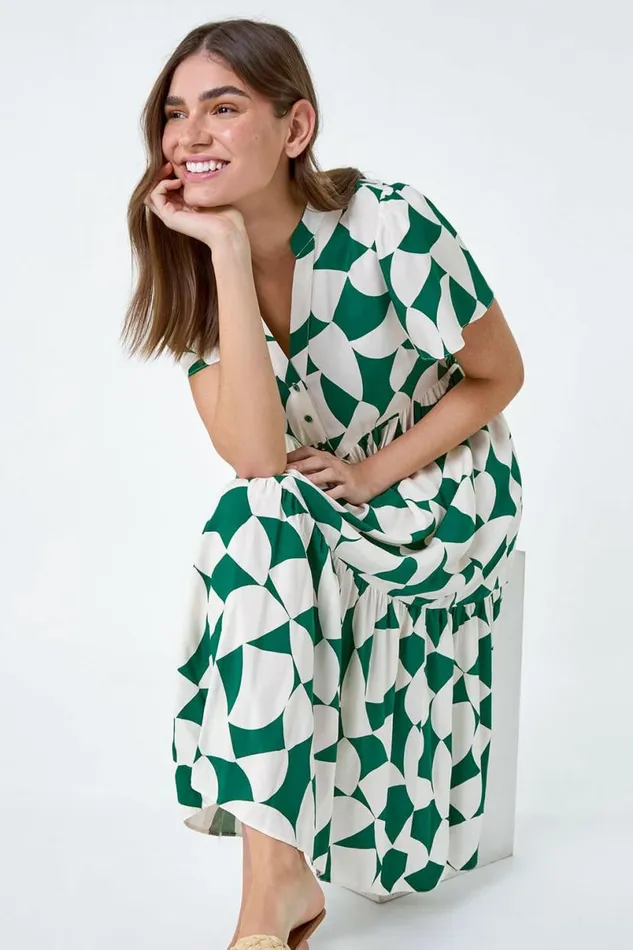 Green Geometric Print Tiered Midi Dress Women Roman Dresses