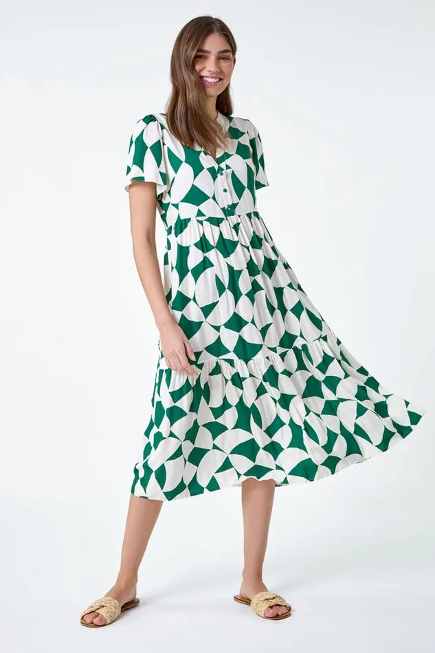 Green Geometric Print Tiered Midi Dress Women Roman Dresses