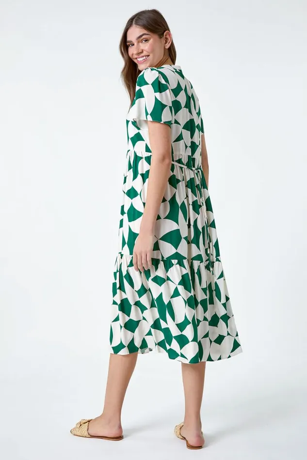 Green Geometric Print Tiered Midi Dress Women Roman Dresses
