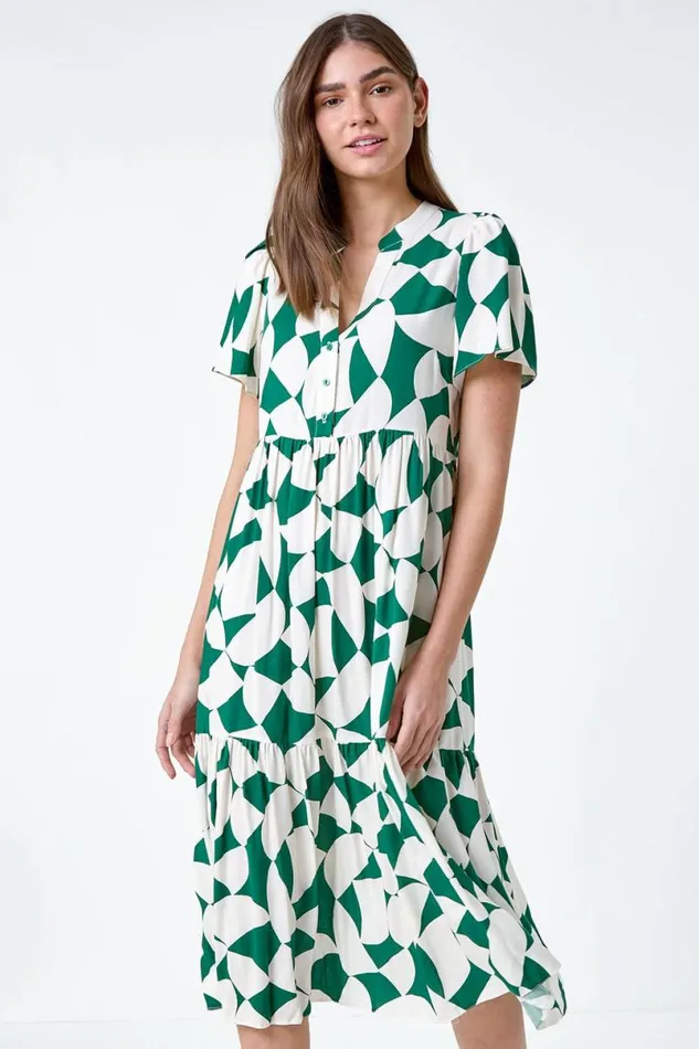 Green Geometric Print Tiered Midi Dress Women Roman Dresses