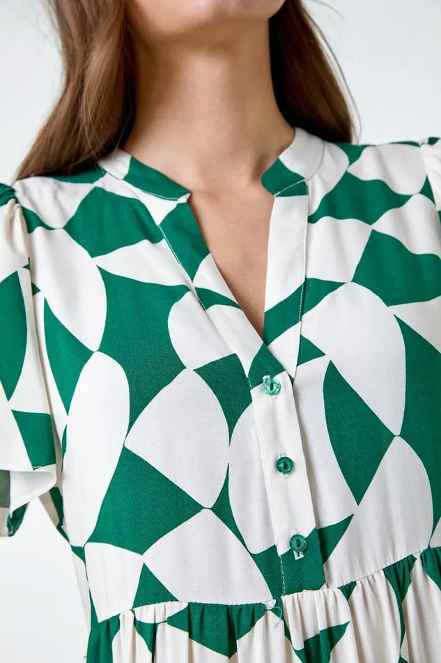 Green Geometric Print Tiered Midi Dress Women Roman Dresses