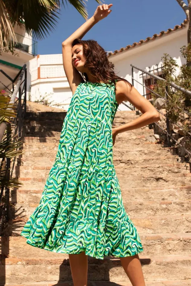 Green Geometric Sleeveless Smock Dress Women Roman Dresses