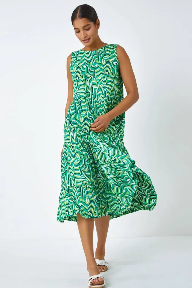 Green Geometric Sleeveless Smock Dress Women Roman Dresses