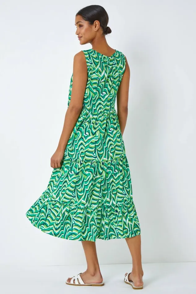 Green Geometric Sleeveless Smock Dress Women Roman Dresses