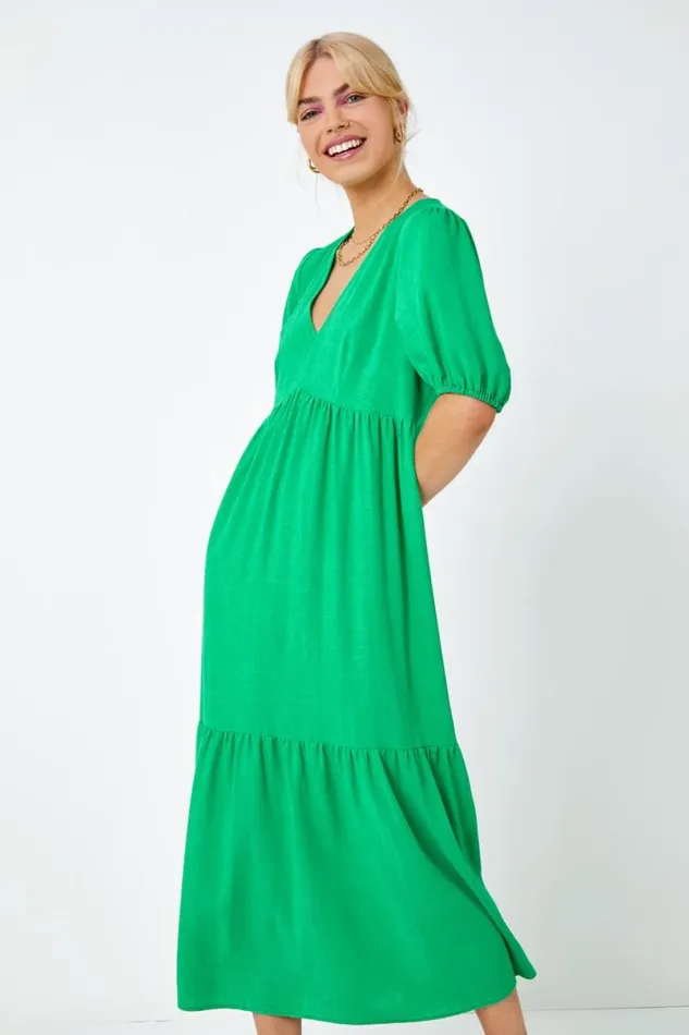 Green Linen Blend Tiered Midi Dress Women Roman Dresses