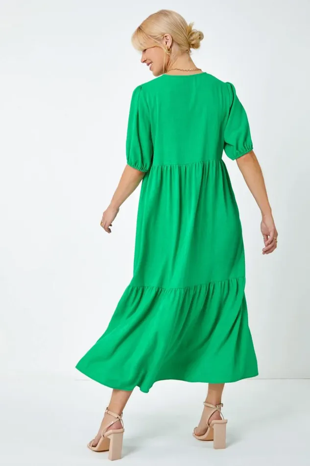 Green Linen Blend Tiered Midi Dress Women Roman Dresses