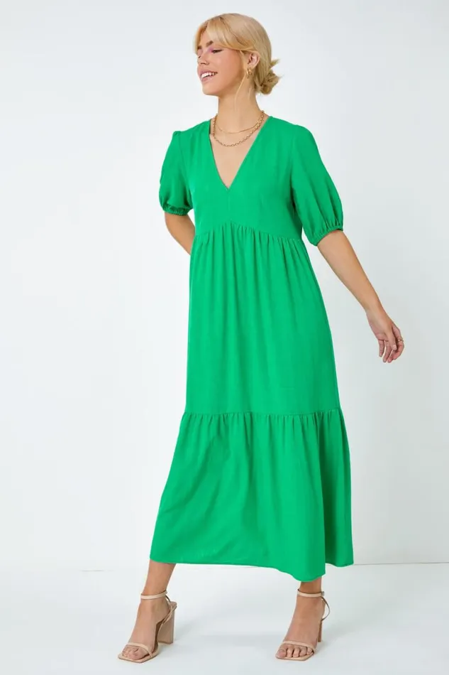Green Linen Blend Tiered Midi Dress Women Roman Dresses