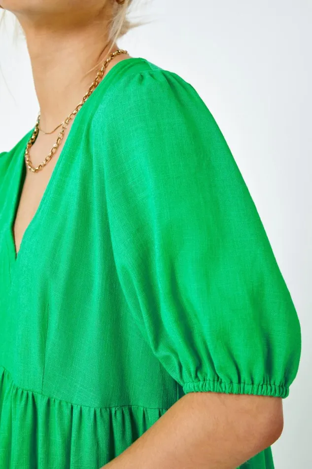 Green Linen Blend Tiered Midi Dress Women Roman Dresses