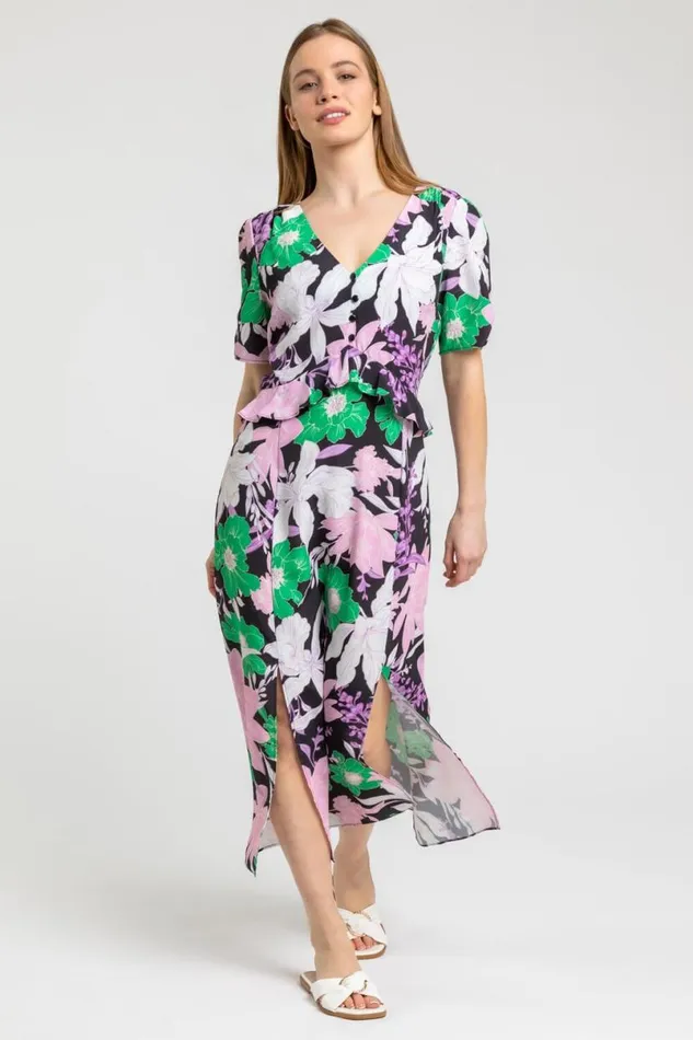 Green Petite Frill Waist Floral Midi Dress Women Roman Dresses