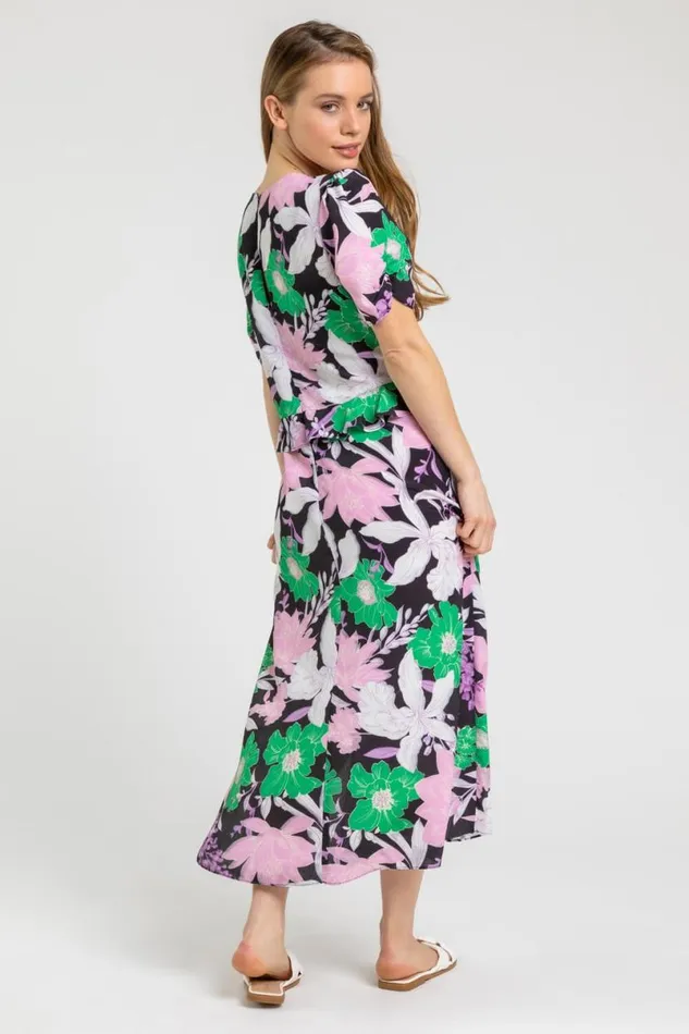 Green Petite Frill Waist Floral Midi Dress Women Roman Dresses