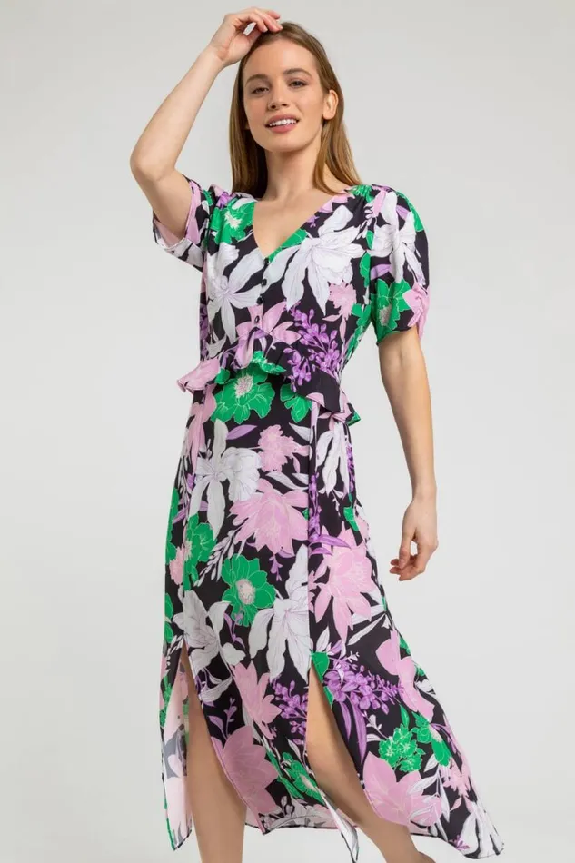 Green Petite Frill Waist Floral Midi Dress Women Roman Dresses