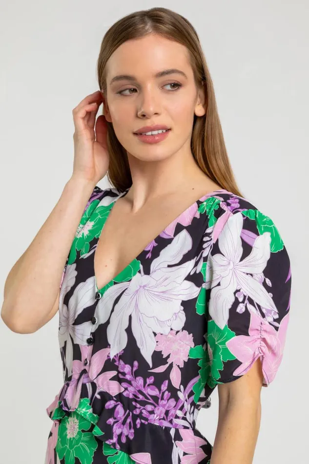 Green Petite Frill Waist Floral Midi Dress Women Roman Dresses
