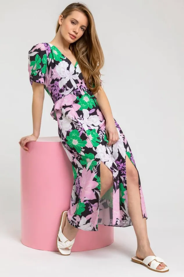 Green Petite Frill Waist Floral Midi Dress Women Roman Dresses