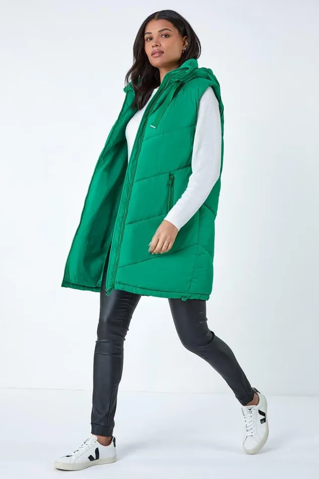 Green Quilted Hooded Gilet Women Roman Coats