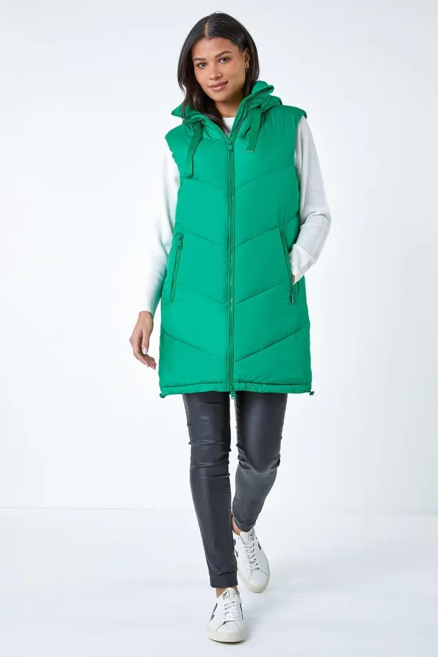 Green Quilted Hooded Gilet Women Roman Coats