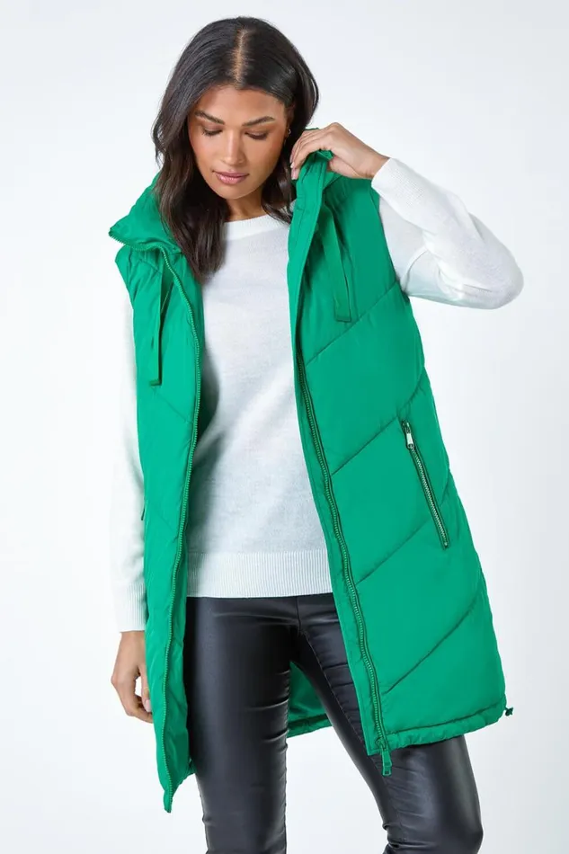 Green Quilted Hooded Gilet Women Roman Coats