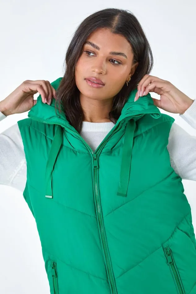 Green Quilted Hooded Gilet Women Roman Coats