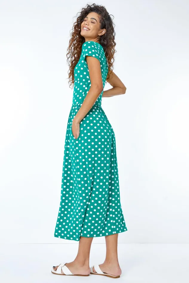 Green Spot Print Stretch Midi Dress Women Roman Dresses