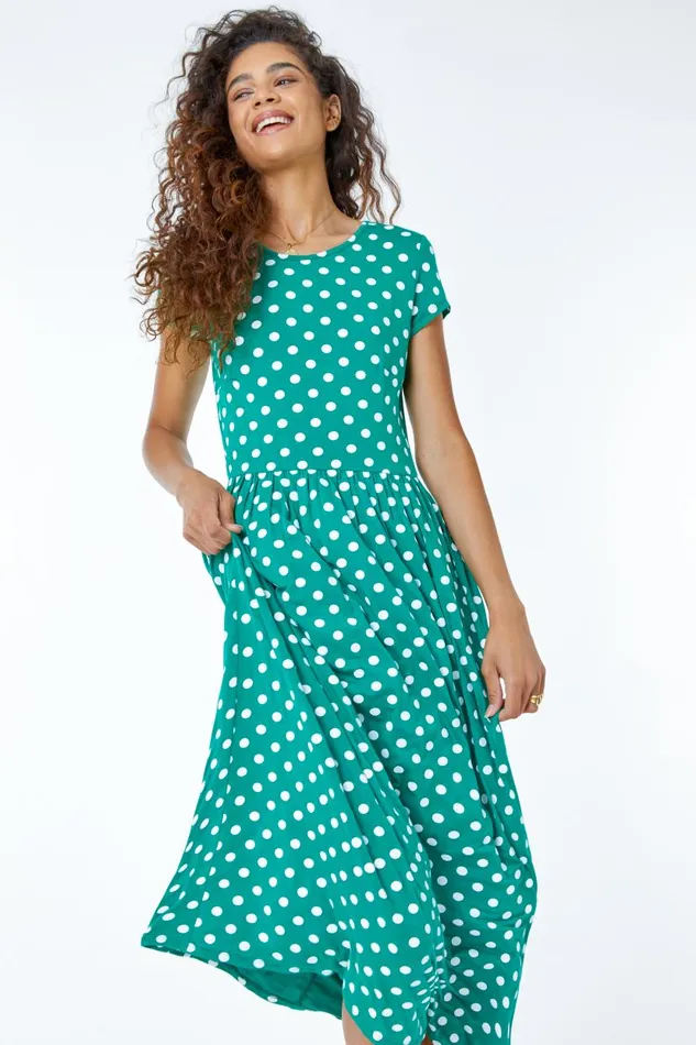 Green Spot Print Stretch Midi Dress Women Roman Dresses