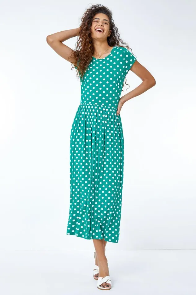 Green Spot Print Stretch Midi Dress Women Roman Dresses